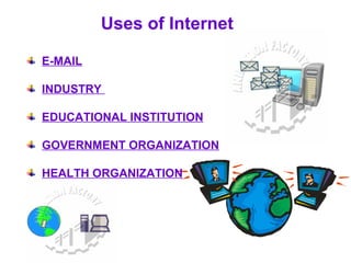 Uses of Internet 
E-MAIL 
INDUSTRY 
EDUCATIONAL INSTITUTION 
GOVERNMENT ORGANIZATION 
HEALTH ORGANIZATION 
 