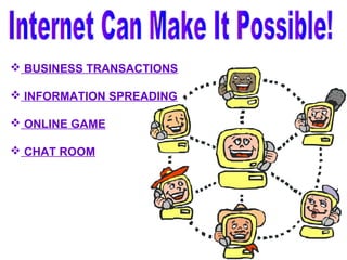  BUSINESS TRANSACTIONS 
 INFORMATION SPREADING 
 ONLINE GAME 
 CHAT ROOM 
 