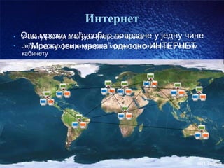 Интернет
•   Ове мреже много рачунарских мрежа у једну чине
    У свету постоји међусобно повезане
•   Једна од њихсвих мрежа” односно ИНТЕРНЕТ
      “Мрежу је и рачунарска мрежа која се налази у нашем
    кaбинету




                                                       час1. слајд08
 