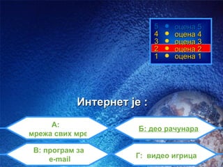 5   оцена 5
                            4   оцена 4
                            3   оцена 3
                            2   оцена 2
                            1   оцена 1




            Интернет је :
     A:
                       Б: део рачунара
мрежа свих мрежа

 В: програм за
     e-mail           Г: видео игрица
 