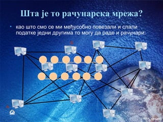 Шта је то рачунарска мрежа?
    • као што смо се ми међусобно повезали и слали
      податке једни другима то могу да раде и рачунари:
                          Б




А

                                                      час1. слајд03
 