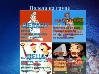 Подела на групе

                      НАСТАВНИЦ
ЛЕКАРИ
Забринути сте за                И
                     Мислите да би деца
развој и
здравље деце која
                       РОДИТЕЉИ
                     требало више да
                     читају, уче и друже се
                     читају, уче и друже се
много користе        са вршњацима
рачунар



                     КОМПЈУТЕРСКИ
   ДЕЦА
Волите да се играте на
                       Не видите ништа лоше
рачунару, користите
Интернет и не         СТРУЧЊАЦИ
                       што су игрице и
разумете забринутост Интернет популарни
одраслих                                      час3. слајд04
 