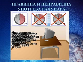 ПРАВИЛНА И НЕПРАВИЛНА
  УПОТРЕБА РАЧУНАРА




Не
Направите
Нека вамноге
 Савијте шаке
Просторијалеђа
Исправите
Ослоните
приближавајте
буду правим 30
паузуда буде
и врат после
требау висини
 Изаберите
 под
лактова на
се превишепод
стопаласа
 столицу
минута
равномерно
 углом за леђа
 наслоном
монитору
осветљена
 и руке



                        час3. слајд09
 