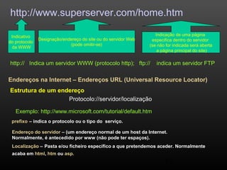 http://www.superserver.com/home.htm 
Indicativo 
do protocolo 
da WWW 
Designação/endereço do site ou do servidor Web 
(pode omitir-se) 
Indicação de uma página 
especifica dentro do servidor 
(se não for indicada será aberta 
a página principal do site) 
http:// Indica um servidor WWW (protocolo http); ftp:// indica um servidor FTP 
Endereços na Internet – Endereços URL (Universal Resource Locator) 
Estrutura de um endereço 
49 
Protocolo://servidor/localização 
Exemplo: http://www.microsoft.com/tutorial/default.htm 
prefixo – indica o protocolo ou o tipo do serviço. 
Endereço do servidor – (um endereço normal de um host da Internet. 
Normalmente, é antecedido por www (não pode ter espaços). 
Localização – Pasta e/ou ficheiro específico a que pretendemos aceder. Normalmente 
acaba em html, htm ou asp. 
 