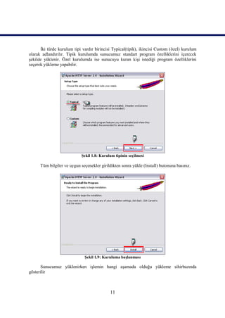 İki türde kurulum tipi vardır birincisi Typical(tipik), ikincisi Custom (özel) kurulum
olarak adlandırılır. Tipik kurulumda sunucumuz standart program özelliklerini içerecek
şekilde yüklenir. Özel kurulumda ise sunucuyu kuran kişi istediği program özelliklerini
seçerek yükleme yapabilir.




                            Şekil 1.8: Kurulum tipinin seçilmesi

      Tüm bilgiler ve uygun seçenekler girildikten sonra yükle (Install) butonuna basınız.




                              Şekil 1.9: Kuruluma başlanması

      Sunucumuz yüklenirken işlemin hangi aşamada olduğu yükleme sihirbazında
gösterilir



                                             11
 