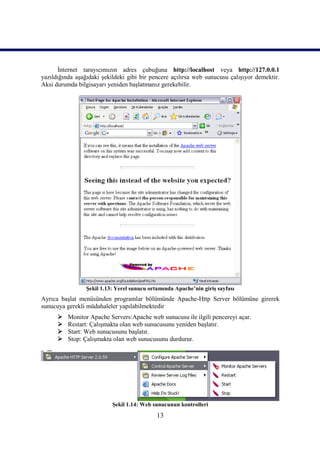 İnternet tarayıcımızın adres çubuğuna http://localhost veya http://127.0.0.1
yazıldığında aşağıdaki şekildeki gibi bir pencere açılırsa web sunucusu çalışıyor demektir.
Aksi durumda bilgisayarı yeniden başlatmanız gerekebilir.




                 Şekil 1.13: Yerel sunucu ortamında Apache’nin giriş sayfası
Ayrıca başlat menüsünden programlar bölümünde Apache-Http Server bölümüne girerek
sunucuya gerekli müdahaleler yapılabilmektedir
         Monitor Apache Servers:Apache web sunucusu ile ilgili pencereyi açar.
         Restart: Çalışmakta olan web sunucusunu yeniden başlatır.
         Start: Web sunucusunu başlatır.
         Stop: Çalışmakta olan web sunucusunu durdurur.




                           Şekil 1.14: Web sunucunun kontrolleri
                                             13
 