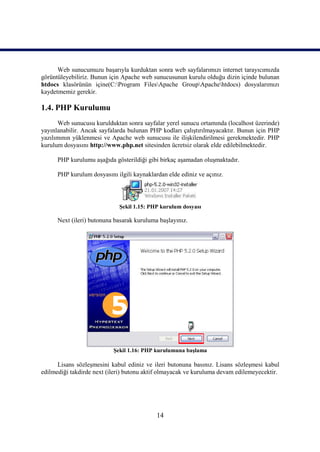 Web sunucumuzu başarıyla kurduktan sonra web sayfalarımızı internet tarayıcımızda
görüntüleyebiliriz. Bunun için Apache web sunucusunun kurulu olduğu dizin içinde bulunan
htdocs klasörünün içine(C:Program FilesApache GroupApachehtdocs) dosyalarımızı
kaydetmemiz gerekir.

1.4. PHP Kurulumu
      Web sunucusu kurulduktan sonra sayfalar yerel sunucu ortamında (localhost üzerinde)
yayınlanabilir. Ancak sayfalarda bulunan PHP kodları çalıştırılmayacaktır. Bunun için PHP
yazılımının yüklenmesi ve Apache web sunucusu ile ilişkilendirilmesi gerekmektedir. PHP
kurulum dosyasını http://www.php.net sitesinden ücretsiz olarak elde edilebilmektedir.

      PHP kurulumu aşağıda gösterildiği gibi birkaç aşamadan oluşmaktadır.

      PHP kurulum dosyasını ilgili kaynaklardan elde ediniz ve açınız.




                             Şekil 1.15: PHP kurulum dosyası

      Next (ileri) butonuna basarak kuruluma başlayınız.




                           Şekil 1.16: PHP kurulumuna başlama

      Lisans sözleşmesini kabul ediniz ve ileri butonuna basınız. Lisans sözleşmesi kabul
edilmediği takdirde next (ileri) butonu aktif olmayacak ve kuruluma devam edilemeyecektir.




                                            14
 