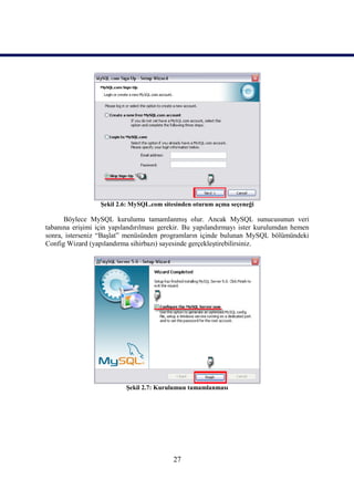 Şekil 2.6: MySQL.com sitesinden oturum açma seçeneği

      Böylece MySQL kurulumu tamamlanmış olur. Ancak MySQL sunucusunun veri
tabanına erişimi için yapılandırılması gerekir. Bu yapılandırmayı ister kurulumdan hemen
sonra, isterseniz “Başlat” menüsünden programların içinde bulunan MySQL bölümündeki
Config Wizard (yapılandırma sihirbazı) sayesinde gerçekleştirebilirsiniz.




                          Şekil 2.7: Kurulumun tamamlanması




                                          27
 