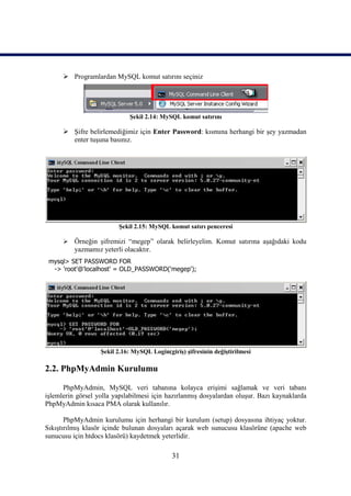  Programlardan MySQL komut satırını seçiniz




                             Şekil 2.14: MySQL komut satırını

       Şifre belirlemediğimiz için Enter Password: kısmına herhangi bir şey yazmadan
        enter tuşuna basınız.




                         Şekil 2.15: MySQL komut satırı penceresi

         Örneğin şifremizi “megep” olarak belirleyelim. Komut satırına aşağıdaki kodu
          yazmamız yeterli olacaktır.
 mysql> SET PASSWORD FOR
  -> 'root'@'localhost' = OLD_PASSWORD('megep');




                   Şekil 2.16: MySQL Login(giriş) şifresinin değiştirilmesi

2.2. PhpMyAdmin Kurulumu

      PhpMyAdmin, MySQL veri tabanına kolayca erişimi sağlamak ve veri tabanı
işlemlerin görsel yolla yapılabilmesi için hazırlanmış dosyalardan oluşur. Bazı kaynaklarda
PhpMyAdmin kısaca PMA olarak kullanılır.

       PhpMyAdmin kurulumu için herhangi bir kurulum (setup) dosyasına ihtiyaç yoktur.
Sıkıştırılmış klasör içinde bulunan dosyaları açarak web sunucusu klasörüne (apache web
sunucusu için htdocs klasörü) kaydetmek yeterlidir.

                                             31
 