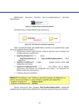 PhpMyAdmin        sıkıştırılmış   klasörünü   http://www.phpmyadmin.net   adresinden
indirebilirsiniz



                         Şekil 2.17: PhpMyAdmin sıkıştırılmış klasörü

      Bu klasörü açınız ve htdocs klasörü altına kopyalayınız.




                       Şekil 2.18: Web Sunucusu klasörüne kopyalama

     Diğer yazılımlarda olduğu gibi phpMyAdmin yazılımının da yapılandırılması gerek
bunun için aşağıdaki işlemleri yapınız.
      PhpMyAdmin klasörü içinde bulunan config.inc dosyasını açınız (notepad veya
          wordpad yardımıyla açabilirsiniz).
       $cfg['PmaAbsoluteUri'] = '';             satırını
             $cfg['PmaAbsoluteUri'] = 'http://localhost/phpmyadmin/’; olarak
          değiştiriniz.
       $cfg['Servers'][$i]['user'] = 'root';      satırında kullanıcı adının root
        olduğundan emin olunuz.
       $cfg['Servers'][$i]['password'] = '';         root kullanıcı adı ile bağlantı
        yapıyorsanız şifre kısmının boş olduğundan emin olunuz ( veri tabanında root
        kullanıcısından şifre istenmiyorsa ).
       Config.inc dosyasını kaydediniz.


DİKKAT:Veri tabanına “root” kullanıcısı dışında bir kullanıcı ile bağlanıyor ve
şifreniz mevcut ise kullanıcı ve şifre satırlarını aşağıdaki gibi değiştiriniz.
 $cfg['Servers'][$i]['user']     = 'kullanıcı adınız';
 $cfg['Servers'][$i]['password'] = 'şifreniz';

      İnternet tarayıcınızın adres çubuğuna http://localhost/phpmyadmin/ yazdığınızda
aşağıdaki pencereyi görüyorsanız phpMyAdmin yazılımını başarıyla kurmuşsunuz demektir.




                                              32
 
