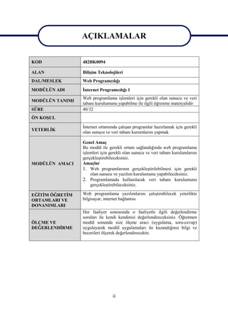 AÇIKLAMALAR
                 AÇIKLAMALAR
KOD              482BK0094

ALAN             Bilişim Teknolojileri
DAL/MESLEK       Web Programcılığı
MODÜLÜN ADI      İnternet Programcılığı 1
                 Web programlama işlemleri için gerekli olan sunucu ve veri
MODÜLÜN TANIMI
                 tabanı kurulumunu yapabilme ile ilgili öğrenme materyalidir
SÜRE             40/32
ÖN KOŞUL

                 İnternet ortamında çalışan programlar hazırlamak için gerekli
YETERLİK
                 olan sunucu ve veri tabanı kurumlarını yapmak

                 Genel Amaç
                 Bu modül ile gerekli ortam sağlandığında web programlama
                 işlemleri için gerekli olan sunucu ve veri tabanı kurulumlarını
                 gerçekleştirebileceksiniz.
MODÜLÜN AMACI    Amaçlar
                 1. Web programlarının gerçekleştirilebilmesi için gerekli
                     olan sunucu ve yazılım kurulumunu yapabileceksiniz.
                 2. Programlamada kullanılacak veri tabanı kurulumunu
                     gerçekleştirebileceksiniz.

EĞİTİM ÖĞRETİM   Web programlama yazılımlarını çalıştırabilecek yeterlikte
ORTAMLARI VE     bilgisayar, internet bağlantısı
DONANIMLARI
                 Her faaliyet sonrasında o faaliyetle ilgili değerlendirme
                 soruları ile kendi kendinizi değerlendireceksiniz. Öğretmen
ÖLÇME VE         modül sonunda size ölçme aracı (uygulama, soru-cevap)
DEĞERLENDİRME    uygulayarak modül uygulamaları ile kazandığınız bilgi ve
                 becerileri ölçerek değerlendirecektir.




                                 ii
 