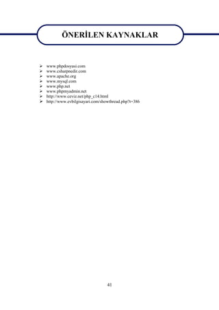 ÖNERİLEN KAYNAKLAR
           ÖNERİLEN KAYNAKLAR
 www.phpdosyasi.com
 www.csharpnedir.com
 www.apache.org
 www.mysql.com
 www.php.net
 www.phpmyadmin.net
 http://www.ceviz.net/php_c14.html
 http://www.evbilgisayari.com/showthread.php?t=386




                                  41
 