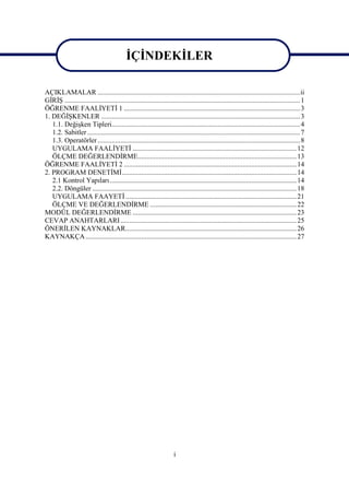 İÇİNDEKİLER

AÇIKLAMALAR ....................................................................................................................ii
GİRİŞ .......................................................................................................................................1
ÖĞRENME FAALİYETİ 1 .....................................................................................................3
1. DEĞİŞKENLER .................................................................................................................. 3
   1.1. Değişken Tipleri............................................................................................................ 4
   1.2. Sabitler .......................................................................................................................... 7
   1.3. Operatörler .................................................................................................................... 8
   UYGULAMA FAALİYETİ .............................................................................................. 12
   ÖLÇME DEĞERLENDİRME........................................................................................... 13
ÖĞRENME FAALİYETİ 2 ...................................................................................................14
2. PROGRAM DENETİMİ....................................................................................................14
   2.1 Kontrol Yapıları ........................................................................................................... 14
   2.2. Döngüler ..................................................................................................................... 18
   UYGULAMA FAAYETİ ..................................................................................................21
   ÖLÇME VE DEĞERLENDİRME .................................................................................... 22
MODÜL DEĞERLENDİRME .............................................................................................. 23
CEVAP ANAHTARLARI .....................................................................................................25
ÖNERİLEN KAYNAKLAR..................................................................................................26
KAYNAKÇA ......................................................................................................................... 27




                                                                      i
 