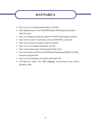 KAYNAKÇA

                         KAYNAKÇA
 http://www.ceviz.net/php-degisken-tipler-vs_a92.html
 http://bilgiportal.com/v1/idx/10/099/PHP/makale/PHPde-Degisken-Islemleri--
   BOLUM-2.html
 http://www.draligus.com/okuma-3.php?id=599-PHP-icinde-degisken-kullanimi
 http://www3.itu.edu.tr/~sariel/course_notes/vtys2003/PHP1_2_slide.pdf
 http://www.muratuysal.info/php_yazilim_bicimi.html
 http://www.ceviz.net/phpde-operatorler_a67.html
 http://science.ankara.edu.tr/~demir/progress/konu8_5.htm
 http://www.godoro.com/Divisions/Ehil/Mahzen/Programming/PHPGiris/txt/html/
   document_Donguler.html
 http://www.bilisimakademi.net/yaziOku.asp?yaziID=249
 UZUNKAVAK Hasan, İleri Web Tasarımı, Yayımlanmamış Ders Notları,
   ISPARTA, 2005.




                                    27
 