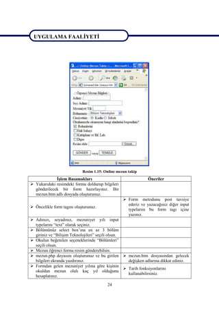UYGULAMA FAALİYETİ

UYGULAMA FAALİYETİ




                            Resim 1.15: Online mezun takip
             İşlem Basamakları                                 Öneriler
 Yukarıdaki resimdeki formu doldurup bilgileri
  gönderilecek bir form hazırlayınız. Bir
  mezun.htm adlı dosyada oluşturunuz.
                                                   Form metodunu post tavsiye
                                                    ederiz ve yazacağınız diğer input
 Öncelikle form tagını oluşturunuz.
                                                    typelarını bu form tagı içine
                                                    yazınız.
 Adınızı, soyadınız, mezuniyet yılı input
  typelarını “text” olarak seçiniz.
 Bölümünüz select box’ına en az 3 bölüm
  giriniz ve “Bilişim Teknolojileri” seçili olsun.
 Okulun beğenilen seçeneklerinde “Bölümleri”
  seçili olsun.
 Mezun öğrenci forma resim gönderebilsin.
 mezun.php doyasını oluşturunuz ve bu girilen  mezun.htm dosyasından gelecek
  bilgileri ekranda yazdırınız.                      değişken adlarına dikkat ediniz.
 Formdan gelen mezuniyet yılına göre kişinin
                                                    Tarih fonksiyonlarını
  okuldan mezun olalı kaç yıl olduğunu
                                                     kullanabilirsiniz.
  hesaplatınız.
                                         24
 