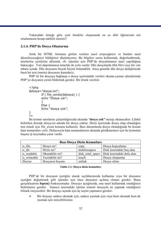 Yukarıdaki örneğe göre yeni örnekler oluşturarak en az dört öğrencinin not
ortalamasını hesap edebilir misiniz?

2.1.4. PHP’de Dosya Oluşturma

       Artık bir HTML formuna girilen verilere nasıl erişeceğinizi ve bunları nasıl
düzenleyeceğinizi bildiğinizi düşünüyoruz. Bu bilgileri sonra kullanmak, değerlendirmek,
üzerlerine yenilerini eklemek, vb. işlemler için PHP’de dosyalamanın nasıl yapıldığına
bakacağız. Veri depolamanın temelde iki yolu vardır: Düz dosyalarda (flat file) veya bir veri
tabanı içinde. Düz dosyanın birçok biçimi bulunabilir. Anca genelde düz dosya dediğimizde
basit bir text (metin) dosyasını kastederiz.
       PHP ile bir dosyaya bağlanıp o dosya içerisindeki verileri okuma-yazma işlemlerinde
PHP’ye dosyanın yerini bildirmek gerekir. Bir örnek verelim:

      <?php
      $dosya=”dosya.txt”;
             If ( file_exists($dosya) ) {
             echo ”Dosya var”;
             }
             Else {
             Echo “dosya yok”;
      }
      ?>
        Bu komut satırlarını çalıştırdığınızda ekranda “dosya yok” mesajı okunacaktır. Çünkü
belirtilen dizinde dosya.txt adında bir dosya yoktur. Dizin içerisinde dosya olup olmadığını
test etmek için file_exists komutu kullanılır. Bazı durumlarda dosya olmadığında bu komut
hata numaraları verir. Dolayısıyla hata numaralarının ekranda gözükmemesi için bu komutun
başına @ koymakta yarar vardır.

                              Bazı Dosya Dizin Komutları
 is_file         Dosya mı?                  copy                 Dosya kopyalama
 is_dir          Dizin mi?                  diskfreespace        Disk üzerindeki boş alan
 is_readable     Okunabilir mi?             disk_total_space     Disk üzerindeki dolu alan
 is_writeable    Yazılabilir mi?            touch                Dosya oluşturma
 filesize        Dosyanın boyutu            unlink               Dosya silme
                              Tablo 2.1: Dosya dizin komutları


       PHP`de bir dosyanın içeriğini alarak sayfalarımızda kullanma veya bir dosyanın
içeriğini değiştirmek gibi işlemler için önce dosyanın açılmış olması gerekir. Bunu
gerçekleştiren fopen() fonksiyonudur. Dosyayı açtığınızda, onu nasıl kullanmak istediğinizi
belirtmeniz gerekir. Sunucu üzerindeki işletim sistemi dosyayla ne yapmak istediğinizi
bilmek isteyecektir. Bir dosyayı açmak için üç seçim yapmanız gerekir:
           Bir dosyayı sadece okumak için, sadece yazmak için veya hem okumak hem de
            yazmak için isteyebilirsiniz.

                                             32
 