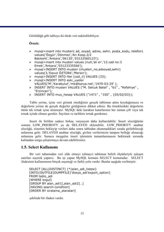Görüldüğü gibi tabloya iki türde veri nakledilebiliyor.

     Örnek:

         mysql>insert into musteri( ad, soyad, adres, sehir, posta_kodu, telefon)
          values('Özgür','Dönmez','Arı Koop.2/2
          Batıkent','Ankara','06130','03122560123');
         mysql>insert into musteri values (null,’ali er’,’12.cad no:3
          Emek’,’Ankara’,’03123335566’);
         mysql>INSERT INTO musteri (musteri_no,adsoyad,sehir)
          values(3,’Davut ÖZTÜRK’,’Mersin’);
         mysql>INSERT INTO iller (cod_il) VALUES (33);
         mysql>INSERT INTO eski_uyeler
          VALUES('M','Karabulut','mk@karya.net','1979-03-29' );
         INSERT INTO musteri VALUES ("M. Selcuk Batal" , "61" , "Refahiye" ,
          "Erzincan");
         INSERT INTO mus_hesap VALUES ("1471" , "100" , {05/02/03});

       Tablo yerine, içine veri girmek istediğimiz gerçek tablonun adını koyduğumuza ve
değerlerin yerine de gerçek değerler girdiğimize dikkat ediniz. Bu örneklerdeki değerlerin
tümü tek tırnak içine alınmıştır. MySQL’deki karakter katarlarının her zaman çift veya tek
tırnak içinde olması gerekir. Sayılara ve tarihlere tırnak gerekmez.

      Insert ile birlikte sadece birkaç varyasyon daha kullanılabilir. Insert sözcüğünün
sonuna LOW_PRIOROTY ya da DELAYED eklenebilir. LOW_PRIORITY anahtar
sözcüğü, sistemin bekleyip verileri daha sonra tablodan okunmadıkları sırada girilebileceği
anlamına gelir. DELAYED anahtar sözcüğü, girilen verilerinizin tampon belleğe alınacağı
anlamına gelir. Sunucu meşgulse insert işleminin tamamlanmasını beklemek zorunda
kalmadan sorgu çalıştırmaya devam edebilirsiniz.

1.5. Select Kullanımı
       Bir veri tabanından veri elde etmeyi (almayı) tablonun belirli ölçütleriyle eşleşen
satırları seçerek yaparız. Bu işi yapan MySQL komutu SELECT komutudur. SELECT
ifadesinin kullanımının birçok seçeneği ve farklı yolu vardır. Bunlar aşağıda verilmiştir:

     SELECT [ALL|DISTINCT] {*|alan_adi_listesi}
     [INTO{OUTFILE|DUMPFILE}’dosya_adi’export_option]
     FROM tablo_adi
     [WHERE koşul]
     [GROUP BY alan_adi1[,alan_adi2]…]
     [HAVING search-condition]
     [ORDER BY siralama_alanalari]

      şeklinde bir ifadesi vardır.



                                             15
 