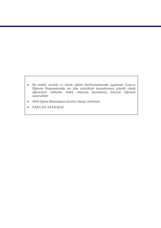    Bu modül, mesleki ve teknik eğitim okul/kurumlarında uygulanan Çerçeve
    Öğretim Programlarında yer alan yeterlikleri kazandırmaya yönelik olarak
    öğrencilere rehberlik etmek amacıyla hazırlanmış bireysel öğrenme
    materyalidir.
   Millî Eğitim Bakanlığınca ücretsiz olarak verilmiştir.
   PARA İLE SATILMAZ.
 