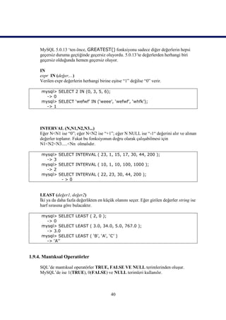 MySQL 5.0.13 ‘ten önce, GREATEST() fonksiyonu sadece diğer değerlerin hepsi
     geçersiz duruma geçtiğinde geçersiz oluyordu. 5.0.13’te değerlerden herhangi biri
     geçersiz olduğunda hemen geçersiz oluyor.

     IN
     expr IN (değer,...)
     Verilen expr değerlerin herhangi birine eşitse “1” değilse “0” verir.

     mysql> SELECT 2 IN (0, 3, 5, 6);
       -> 0
     mysql> SELECT ‘wefwf’ IN (‘weee’, ‘wefwf’, ‘whfk’);
       -> 1




     INTERVAL (N,N1,N2,N3...)
     Eğer N<N1 ise “0”; eğer N<N2 ise “+1”; eğer N NULL ise “-1“ değerini alır ve alınan
     değerler toplanır. Fakat bu fonksiyonun doğru olarak çalışabilmesi için
     N1<N2<N3.....<Nn olmalıdır.

     mysql> SELECT INTERVAL ( 23, 1, 15, 17, 30, 44, 200 );
       -> 3
     mysql> SELECT INTERVAL ( 10, 1, 10, 100, 1000 );
       -> 2
     mysql> SELECT INTERVAL ( 22, 23, 30, 44, 200 );
             ->0


     LEAST (değer1, değer2)
     İki ya da daha fazla değerlikten en küçük olanını seçer. Eğer girilen değerler string ise
     harf sırasına göre bulacaktır.

     mysql> SELECT LEAST ( 2, 0 );
       -> 0
     mysql> SELECT LEAST ( 3.0, 34.0, 5.0, 767.0 );
       -> 3.0
     mysql> SELECT LEAST ( ‘B’, ‘A’, ‘C’ )
       -> ‘A’’


1.9.4. Mantıksal Operatörler

     SQL’de mantıksal operatörler TRUE, FALSE VE NULL terimlerinden oluşur.
     MySQL’de ise 1(TRUE), 0(FALSE) ve NULL terimleri kullanılır.



                                             40
 