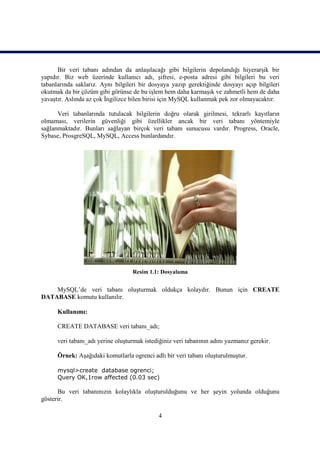 Bir veri tabanı adından da anlaşılacağı gibi bilgilerin depolandığı hiyerarşik bir
yapıdır. Biz web üzerinde kullanıcı adı, şifresi, e-posta adresi gibi bilgileri bu veri
tabanlarında saklarız. Aynı bilgileri bir dosyaya yazıp gerektiğinde dosyayı açıp bilgileri
okutmak da bir çözüm gibi görünse de bu işlem hem daha karmaşık ve zahmetli hem de daha
yavaştır. Aslında az çok İngilizce bilen birisi için MySQL kullanmak pek zor olmayacaktır.

      Veri tabanlarında tutulacak bilgilerin doğru olarak girilmesi, tekrarlı kayıtların
olmaması, verilerin güvenliği gibi özellikler ancak bir veri tabanı yöntemiyle
sağlanmaktadır. Bunları sağlayan birçok veri tabanı sunucusu vardır. Progress, Oracle,
Sybase, ProsgreSQL, MySQL, Access bunlardandır.




                                   Resim 1.1: Dosyalama


    MySQL’de veri tabanı oluşturmak oldukça kolaydır. Bunun için CREATE
DATABASE komutu kullanılır.

      Kullanımı:

      CREATE DATABASE veri tabanı_adı;

      veri tabanı_adı yerine oluşturmak istediğiniz veri tabanının adını yazmanız gerekir.

      Örnek: Aşağıdaki komutlarla ogrenci adlı bir veri tabanı oluşturulmuştur.

      mysql>create database ogrenci;
      Query OK,1row affected (0.03 sec)

      Bu veri tabanınızın kolaylıkla oluşturulduğunu ve her şeyin yolunda olduğunu
gösterir.

                                             4
 
