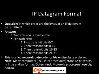 IP Datagram Format
• Question: In which order are the bytes of an IP datagram
  transmitted?
• Answer:
        • Transmission is row by row
        • For each row:
                1. First transmit bits 0-7
                2. Then transmit bits 8-15
                3. Then transmit bits 16-23
                4. Then transmit bits 24-31
• This is called network byte order or big endian byte ordering.
  Note: Many computers (incl. Intel processors) store 32-bit words
  in little endian format. Others (incl. Motorola processors) use big
  endian.
                                                                        7
 