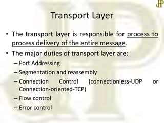 Transport Layer
• The transport layer is responsible for process to
process delivery of the entire message.
• The major duties of transport layer are:
– Port Addressing
– Segmentation and reassembly
– Connection Control (connectionless-UDP or
Connection-oriented-TCP)
– Flow control
– Error control
 