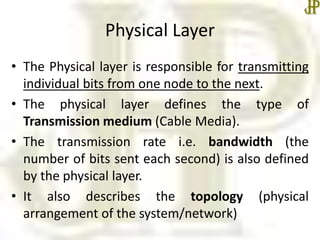 Physical Layer
• The Physical layer is responsible for transmitting
individual bits from one node to the next.
• The physical layer defines the type of
Transmission medium (Cable Media).
• The transmission rate i.e. bandwidth (the
number of bits sent each second) is also defined
by the physical layer.
• It also describes the topology (physical
arrangement of the system/network)
 