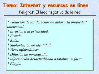 Tema: Internet y recursos en línea
        Peligros: El lado negativo de la red

 * Violación de los derechos de autor y la propiedad
 intelectual.
 * Invasión a la privacidad.
 * Fraude.
 * Robo.
 * Suplantación de identidad.
 * Virus informáticos.
 * Difusión de pornografía.
 * Información desactualizada o totalmente falsa.
 * Plagio.
 