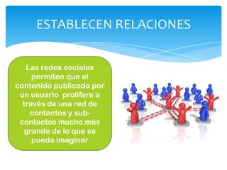 ESTABLECEN RELACIONES

   Las redes sociales
     permiten que el
contenido publicado por
 un usuario prolifere a
  través de una red de
    contactos y sub-
 contactos mucho más
   grande de lo que se
     pueda imaginar
 