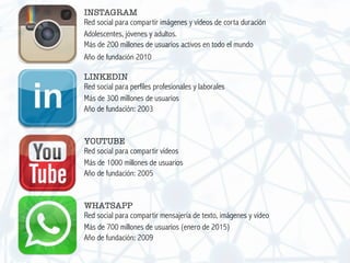 INSTAGRAM
Red social para compartir imágenes y vídeos de corta duración
Adolescentes, jóvenes y adultos.
LINKEDIN
Red social para perfiles profesionales y laborales
Más de 300 millones de usuarios
Año de fundación: 2003
Más de 200 millones de usuarios activos en todo el mundo
Año de fundación 2010
YOUTUBE
Red social para compartir vídeos
Más de 1000 millones de usuarios
Año de fundación: 2005
WHATSAPP
Red social para compartir mensajería de texto, imágenes y vídeo
Más de 700 millones de usuarios (enero de 2015)
Año de fundación: 2009
 
