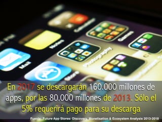 En 2017 se descargarán 160.000 millones de
apps, por las 80.000 millones de 2013. Sólo el
5% requerirá pago para su descarga
Fuente: Future App Stores: Discovery, Monetisation & Ecosystem Analysis 2013-2018
 