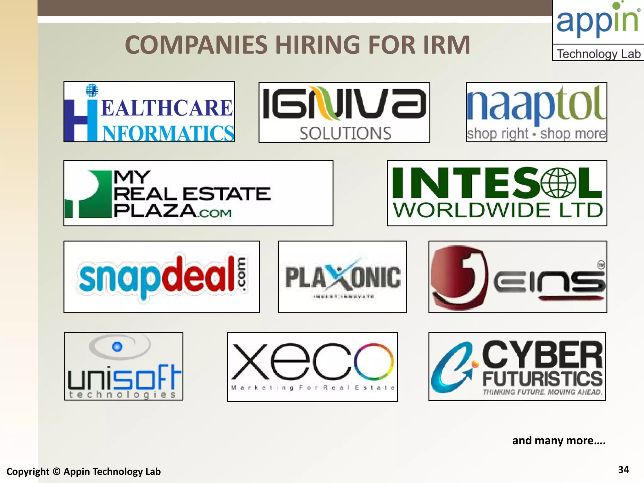 Copyright © Appin Technology Lab 34
COMPANIES HIRING FOR IRM
and many more….
 