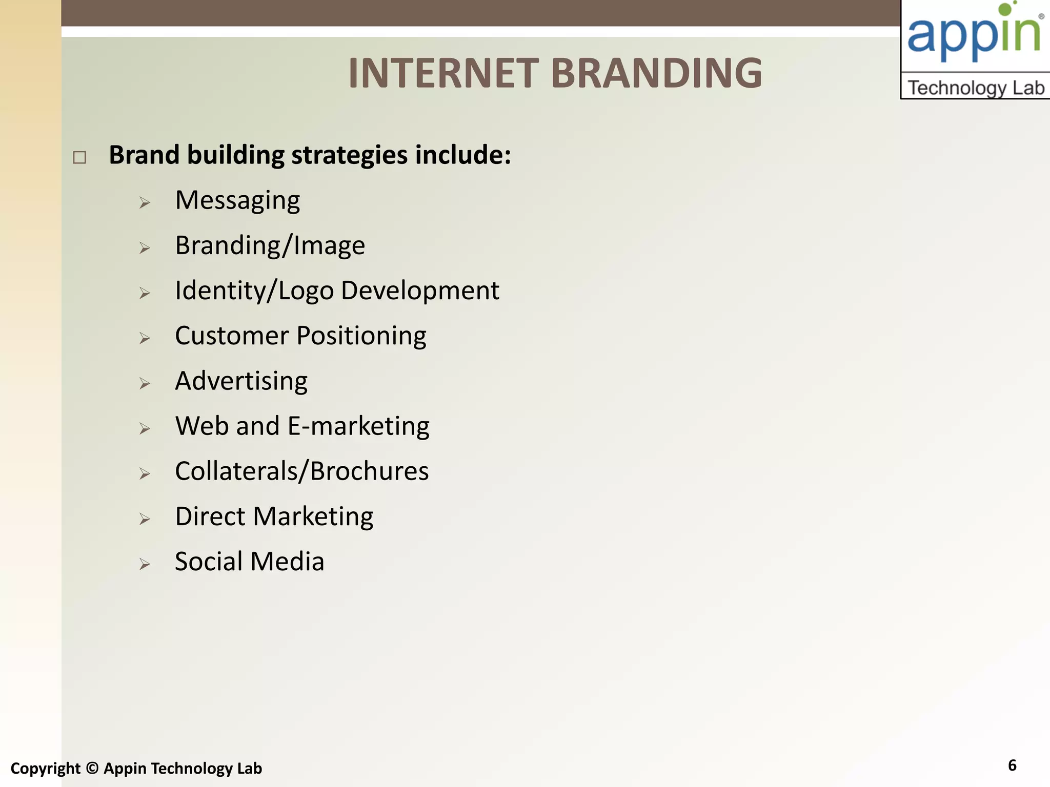 Copyright © Appin Technology Lab 6
 Brand building strategies include:
 Messaging
 Branding/Image
 Identity/Logo Development
 Customer Positioning
 Advertising
 Web and E-marketing
 Collaterals/Brochures
 Direct Marketing
 Social Media
INTERNET BRANDING
 