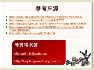 http://www.ibm.com/developerworks/cn/web/wa-web20soa1/
http://www.babytree.com/learn/article/17372
http://club.jledu.gov.cn/?uid-33-action-viewspace-itemid-58586
http://www.sizlopedia.com/2007/08/18/web-10-vs-web-20-the-
visual-difference/
http://zh.wikipedia.org/wiki/Web_2.0



    陸霞瑛老師
      Diana Lu
    Mandarin_lu@yahoo.ca
    部落格- 練功房
    http://blog.huayuworld.org/Lulaoshi
 