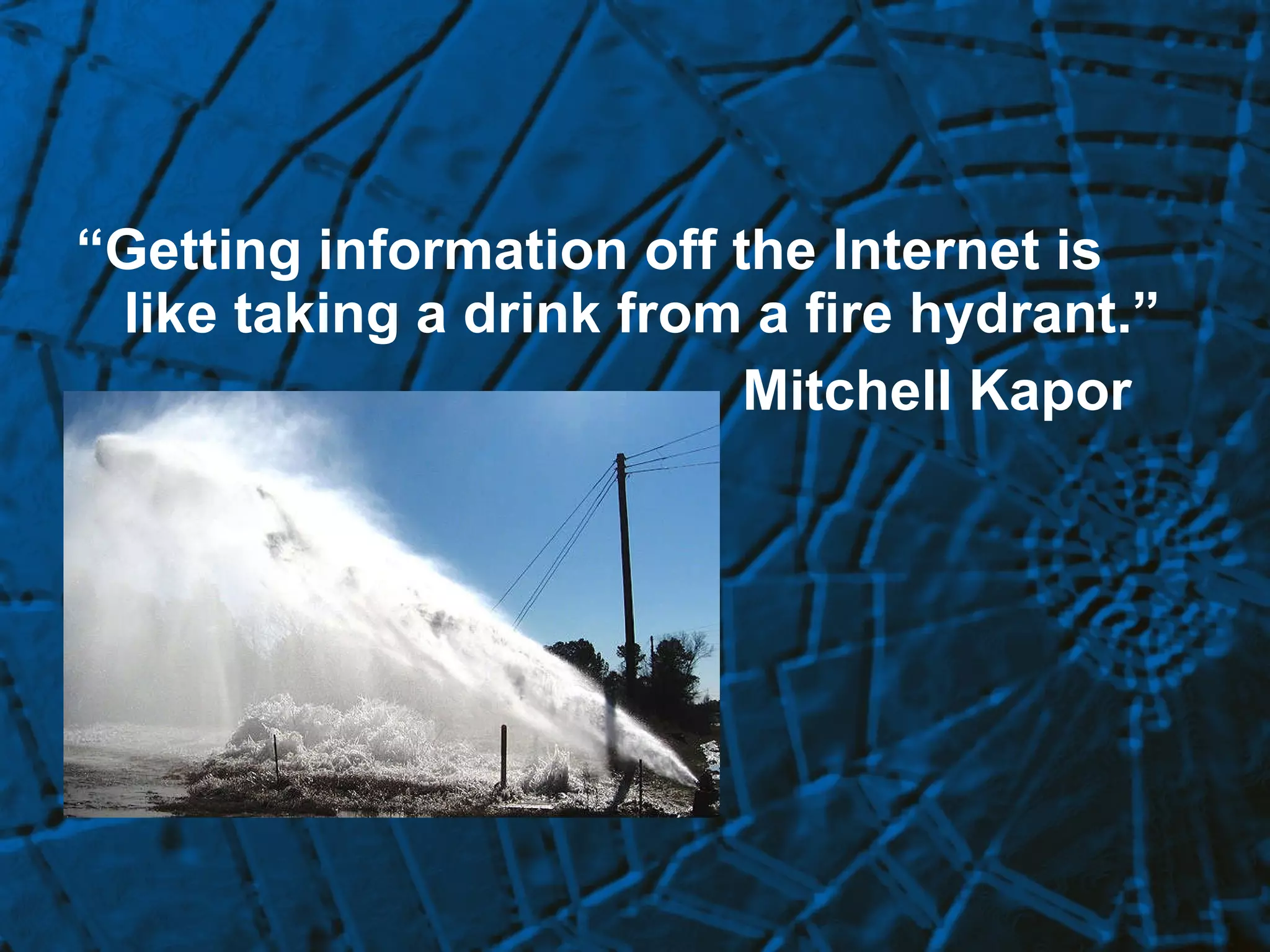 “ Getting information off the Internet is like taking a drink from a fire hydrant.”   Mitchell Kapor 