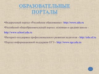 •Федеральный портал «Российское образование» -http://www.edu.ru
•Российский общеобразовательный портал: основная и средняя школа -
http://www.school.edu.ru
•Интернет-поддержка профессионального развития педагогов - http://edu.of.ru
•Портал информационной поддержки ЕГЭ - http://www.ege.edu.ru
 