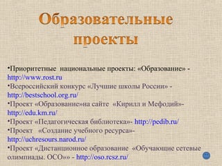 •Приоритетные национальные проекты: «Образование» -
http://www.rost.ru
•Всероссийский конкурс «Лучшие школы России» -
http://bestschool.org.ru/
•Проект «Образование»на сайте «Кирилл и Мефодий»-
http://edu.km.ru/
•Проект «Педагогическая библиотека»- http://pedib.ru/
•Проект «Создание учебного ресурса»-
http://uchresours.narod.ru/
•Проект «Дистанционное образование «Обучающие сетевые
олимпиады. ОСО»» - http://oso.rcsz.ru/
 