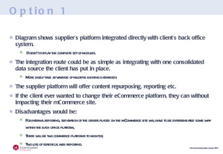 Option 1 Diagram shows supplier’s platform integrated directly with client’s back office system. Doesn’t display the complete set of modules.  The integration route could be as simple as integrating with one consolidated data source the client has put in place. More likely take advantage of multiple existing data-feeds The supplier platform will offer content repurposing, reporting etc. If the client ever wanted to change their eCommerce platform, they can without impacting their mCommerce site. Disadvantages would be: For internal reporting, separation of the orders placed on the mCommerce site will have to be differentiated some way within the back office platform, There will be two commerce platforms to monitor, Two lots of statistical web reporting. 