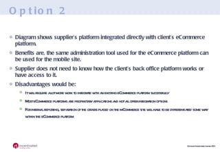 Option 2 Diagram shows supplier’s platform integrated directly with client’s eCommerce platform. Benefits are, the same administration tool used for the eCommerce platform can be used for the mobile site. Supplier does not need to know how the client’s back office platform works or have access to it. Disadvantages would be: It will require a lot more work to integrate with an existing eCommerce platform successfully Most eCommerce platforms are proprietary applications and not all offer integration options For internal reporting, separation of the orders placed on the mCommerce site will have to be differentiated some way within the eCommerce platform 