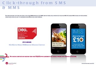 2010 WINNER Most Effective Mobile CRM/Enterprise Messaging Campaign The campaign reached out to those who signed up for picture (MMS) messages and text (SMS) alerts with offers, deals, promotions and news about M&S. This enabled M&S to engage with their customers through mobile directly and use it to complement existing DM and email contact strategies.  Click-through from SMS & MMS The ongoing campaign had recruited more than 700,000 opt-in customers to the mobile database with a minimal opt-out rate. 