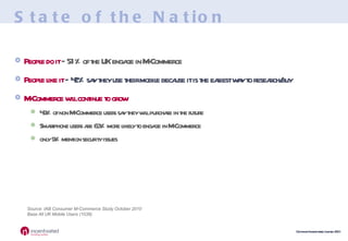State of the Nation People   do it  – 51% of the UK engage in M-Commerce People   like it  – 42% say they use their mobile because it is the easiest way to research/buy  M-Commerce will continue to grow   49% of non M-Commerce users say they will purchase in the future Smartphone users are 63% more likely to engage in M-Commerce only 9% mention security issues Source: IAB Consumer M-Commerce Study October 2010 Base All UK Mobile Users (1039) 