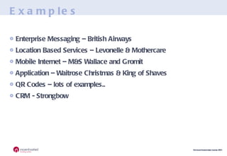 Examples Enterprise Messaging – British Airways Location Based Services – Levonelle & Mothercare Mobile Internet – M&S Wallace and Gromit Application – Waitrose Christmas & King of Shaves QR Codes – lots of examples.. CRM - Strongbow 