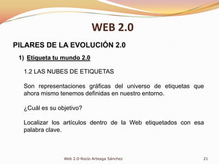 WEB 2.0LA VENTANA DE JOHARIModelo inventado por dos psicólogos estadounidenses Joseph Luft y Harry Ingham, en el que DETERMINAN LA INFORMACIÓN QUE REVELA UNA PERSONA DE SI MISMA AL EXTERIOR.Este modelo parte del supuesto de que una persona puede aumentar el nivel de conocimiento de sí misma por medio de la comunicación interpersonal con su entorno, manteniendo un flujo de información bidireccional.En este sentido las redes sociales y las nuevas tecnologías 2.0 ayudan a reducir la Zona II, porque ayudan a comunicar.15Web 2.0-Rocío Arteaga Sánchez
