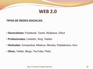 WEB 2.0PILARES DE LA EVOLUCIÓN 2.04.2 GADGETS Y WIDGETSSon mecanismos que permiten hacernos llegar resúmenes de las actualizaciones de una página Web.Son aplicaciones diminutas que se pueden integrar en el escritorio o navegador y nos presentan de forma resumida las novedades e información disponible pero de una manera más eficaz.28Web 2.0-Rocío Arteaga Sánchez