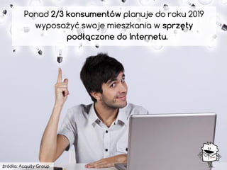 Ponad 2/3 konsumentów planuje do roku 2019 
wyposażyć swoje mieszkania w sprzęty podłączone do Internetu. 
źródło: Acquity Group  