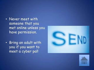 Never meet with someone that you met online unless you have permission.Bring an adult with you if you want to meet a cyber pal!