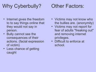 Why Cyberbully?       Other Factors: Internet gives the freedom to to say things online that they would not say in person. Bully cannot see the consequences of their actions. (facial expression of victim) Less chance of getting caught Victims may not know who the bullies are. (anonymity) Victims may not report for fear of adults "freaking out" and removing internet privileges. Difficult to enforce at school. 