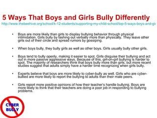 5 Ways That Boys and Girls Bully Differently   http://www.thebeehive.org/school/k-12-students/supporting-my-child-school/top-5-ways-boys-and-girls-bully?gclid=CJH17LDUv6cCFcfe4AodeRHbBQ   Boys are more likely than girls to display bullying behavior through physical intimidation. Girls bully by lashing out verbally more than physically. They leave other girls out of their circle and spread rumors by gossiping.  When boys bully, they bully girls as well as other boys. Girls usually bully other girls.  Boys tend to bully openly, making it easier to spot. Girls disguise their bullying and act out in more passive aggressive ways. Because of this, girl-on-girl bullying is harder to spot. The majority of researchers think that boys bully more than girls, but more recent studies suggest that adults simply have a harder time recognizing when girls bully.  Experts believe that boys are more likely to cyber-bully as well. Girls who are cyber-bullied are more likely to report the bullying to adults than their male peers.  Girls report more positive opinions of how their teacher’s handle bullying. Boys are more likely to think that their teachers are doing a poor job in responding to bullying problems. 