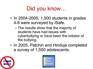 Did you know… In 2004-2005, 1,500 students in grades 4-8 were surveyed by iSafe. The results show that the majority of students have had issues with cyberbullying or have been the initiator of the bullying. In 2005, Patchin and Hinduja completed a survey of 1,500 adolescents. 