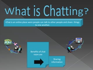 What is Chatting?Chat is an online place were people can talk to other people and share  things to one another.Benefits of chat room are Sharing information